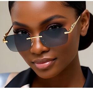 Rimless Women Sunglasses Black Lens Rectangle Leopard Detail Fashion Sun Glasses